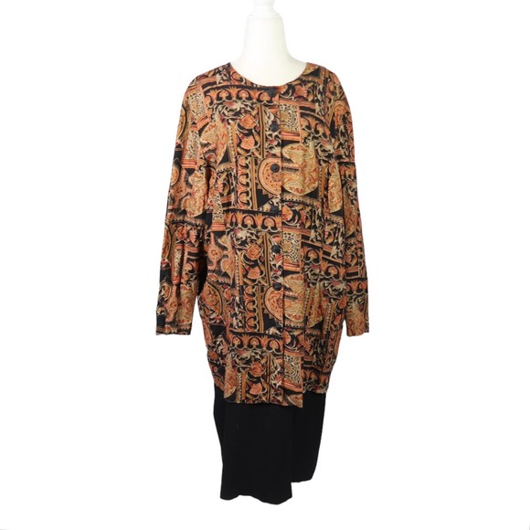 Vintage Dresses & Skirts - Vintage 80s black and orange tan baroque floral print midi dress 24